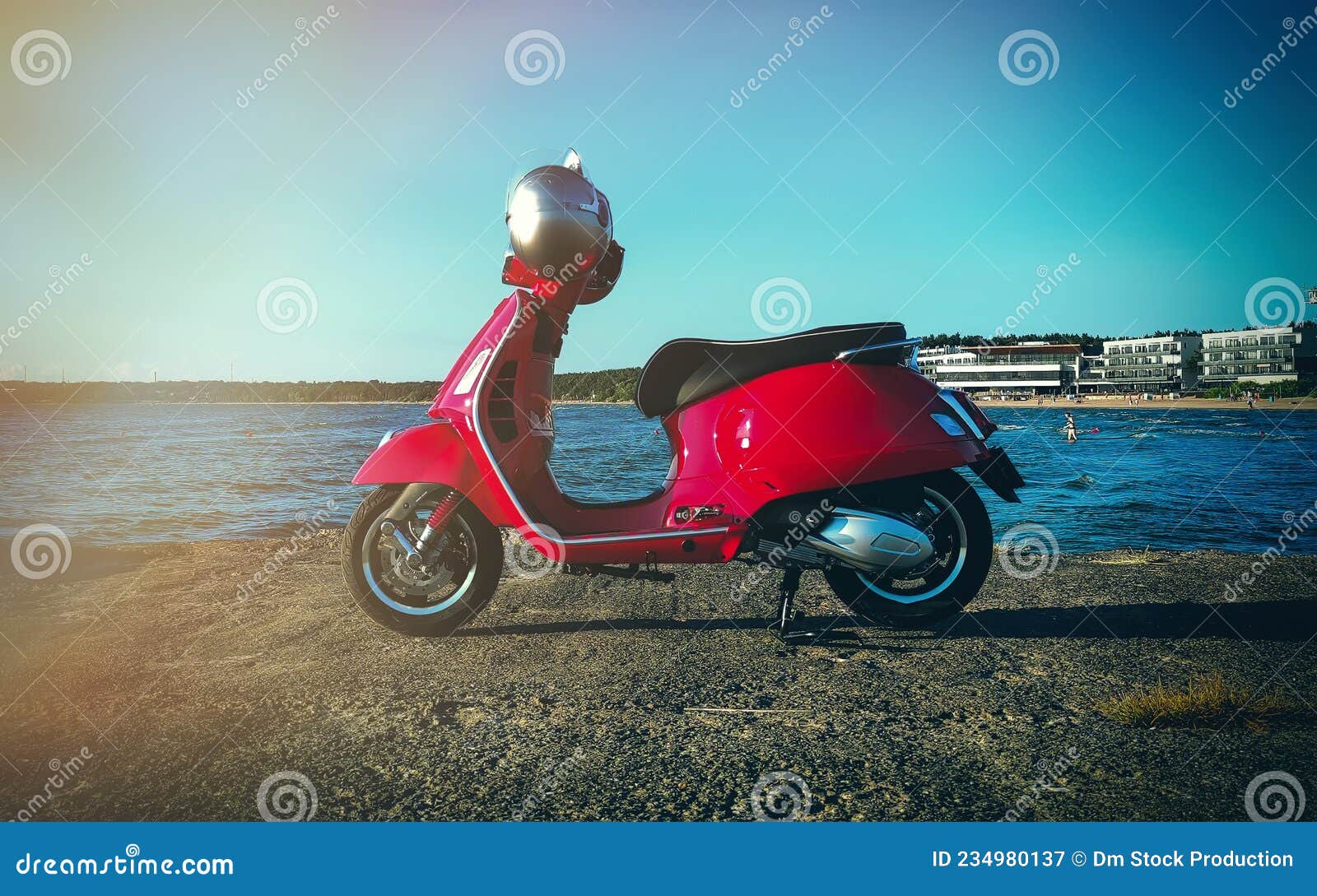 Red vintage scooter stock image. Image of coastline 234980137