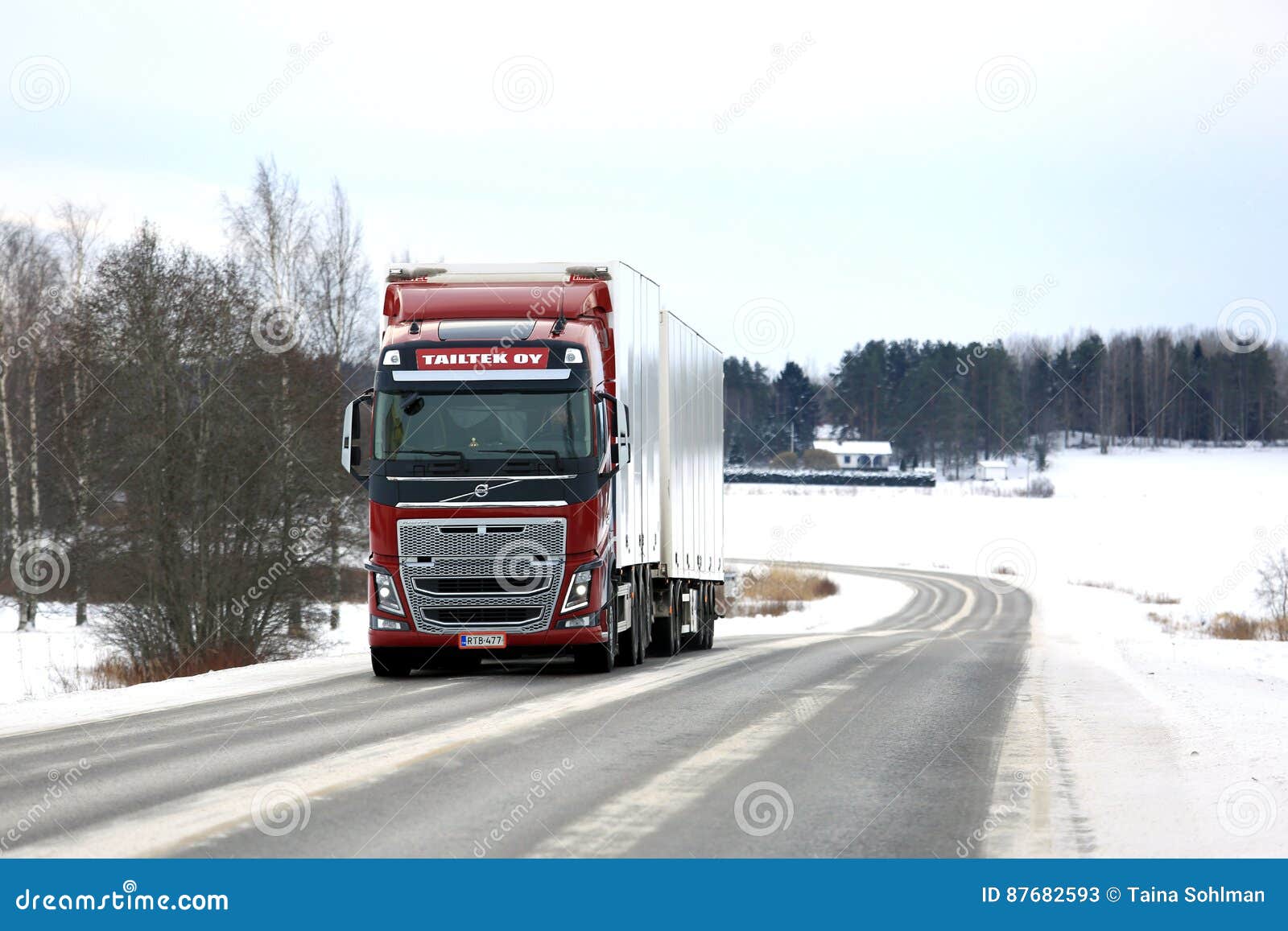 Red Volvo FH16 Cargo Truck Winter Road Landscape Editorial 