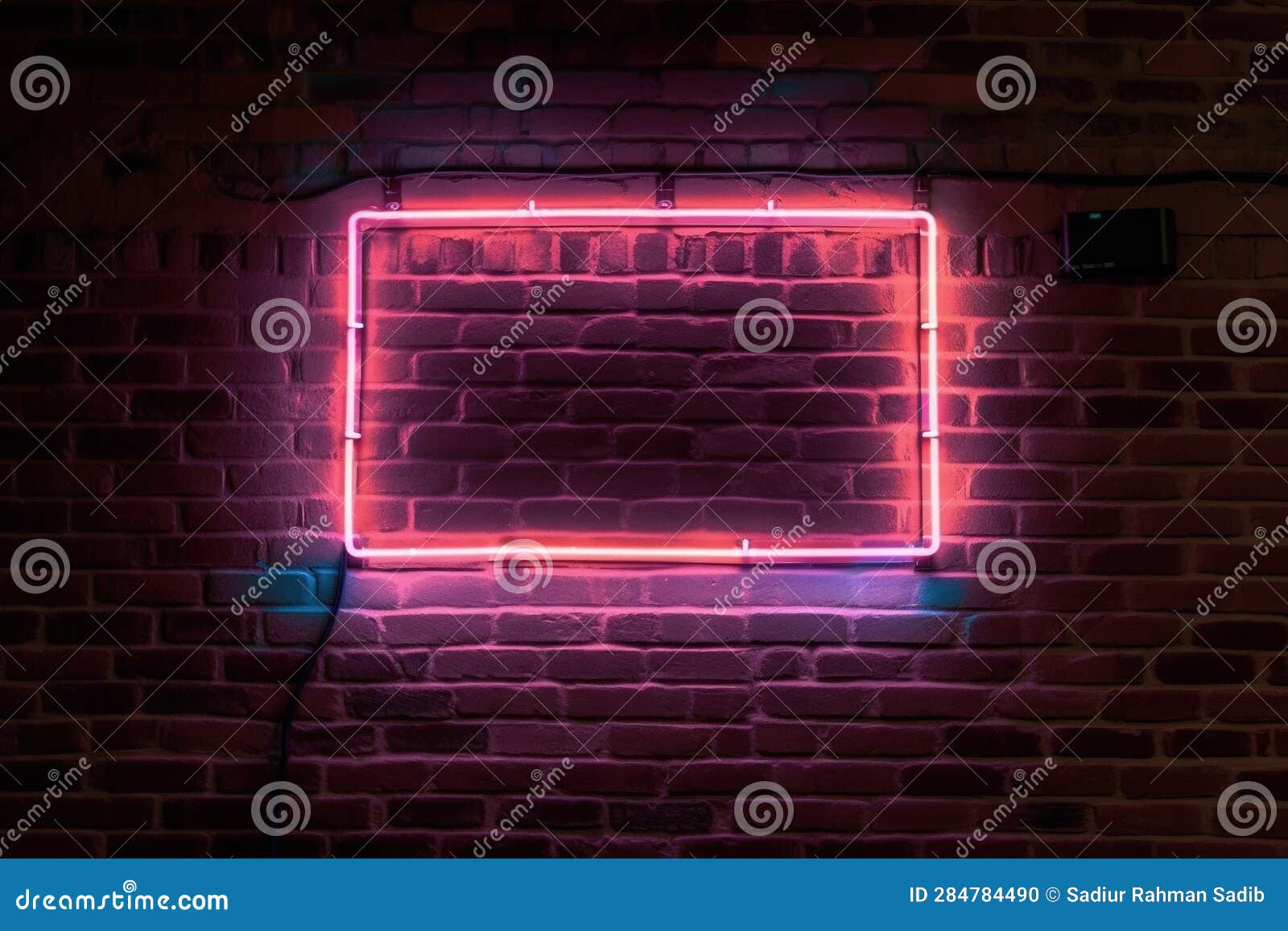 Red Wall with Light. Brick Wall and Square Neon Sign Frame Stock