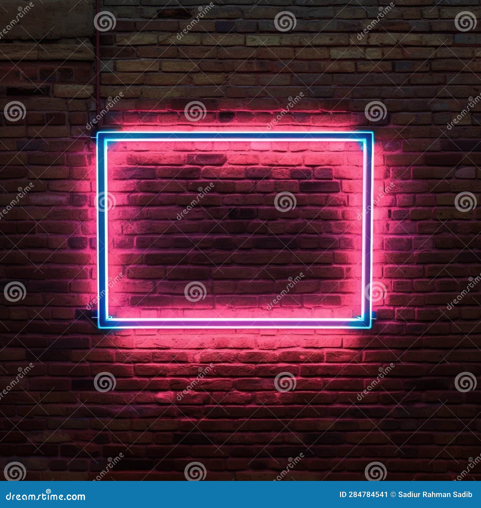 Red Wall with Light. Brick Wall and Square Neon Sign Frame Stock