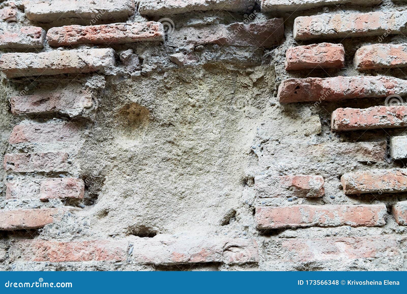 Red Wall with Narrow Bricks and Damage in the Center for Texture or