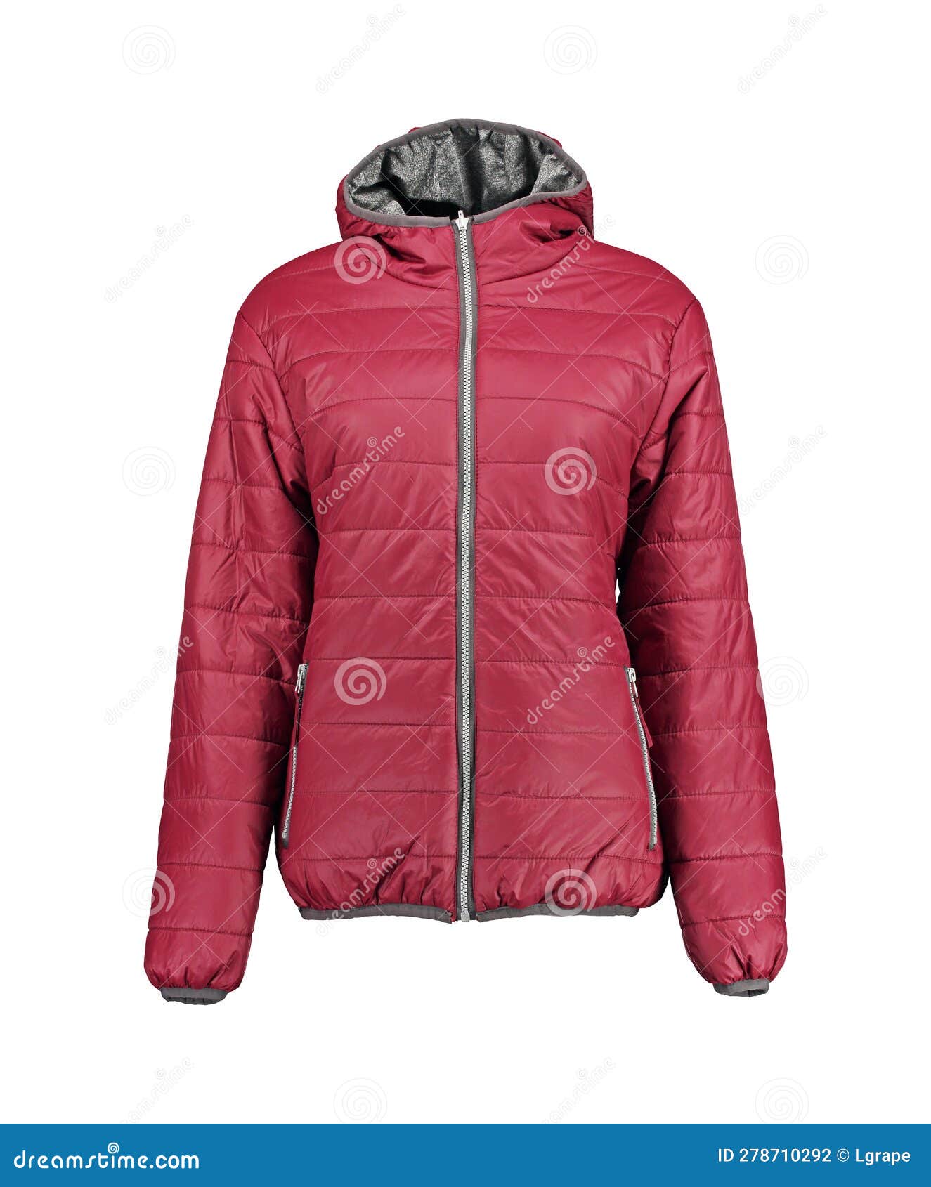 Red Warm Quilted Jacket. Bomber Jacket on a White Background Stock