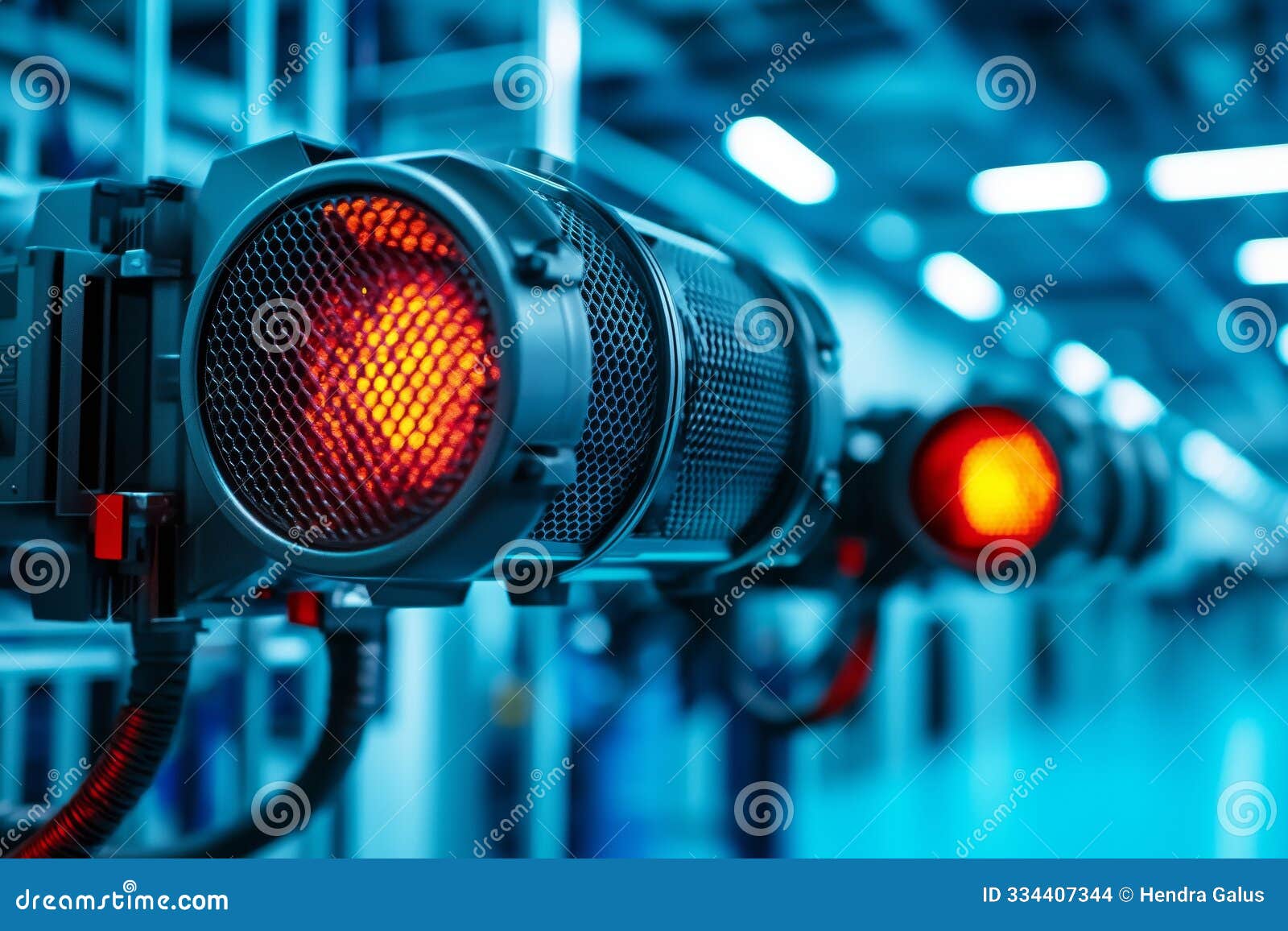 red warning lights on industrial machinery in high-tech environment representing safety protocols, automation, or e