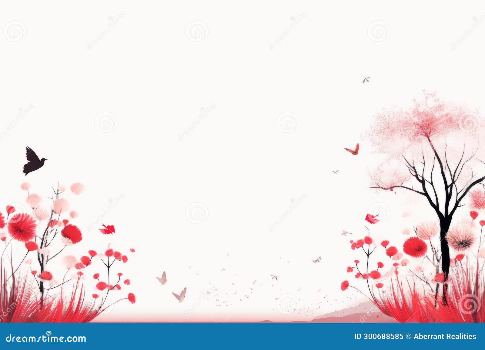 A Red and White Background with Flowers and Trees Stock Illustration