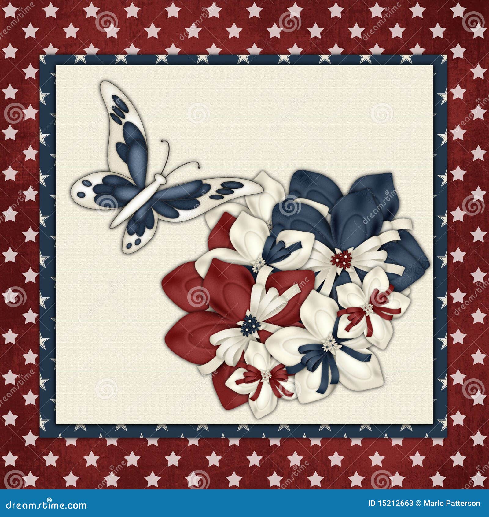 Red, White & Blue Flowers Butterfly Background Stock Illustration