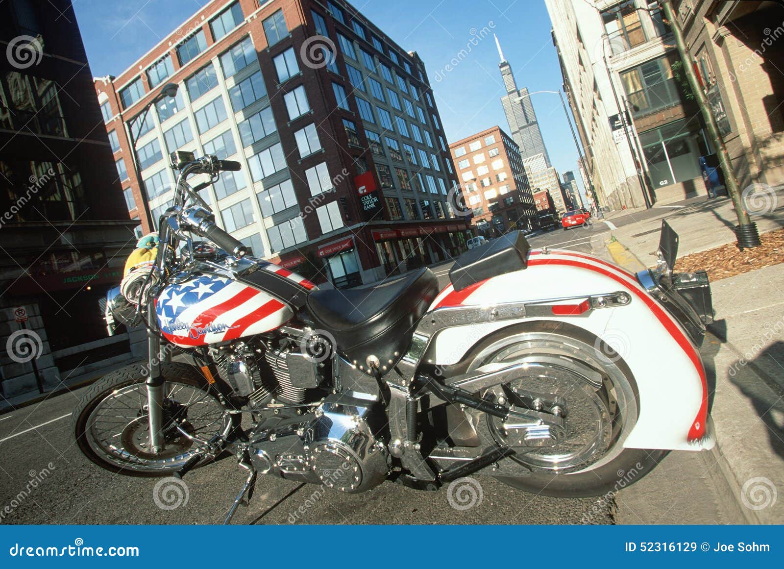 A Red White and Blue Harley Davidson Motorcycle in Chicago, Illinois