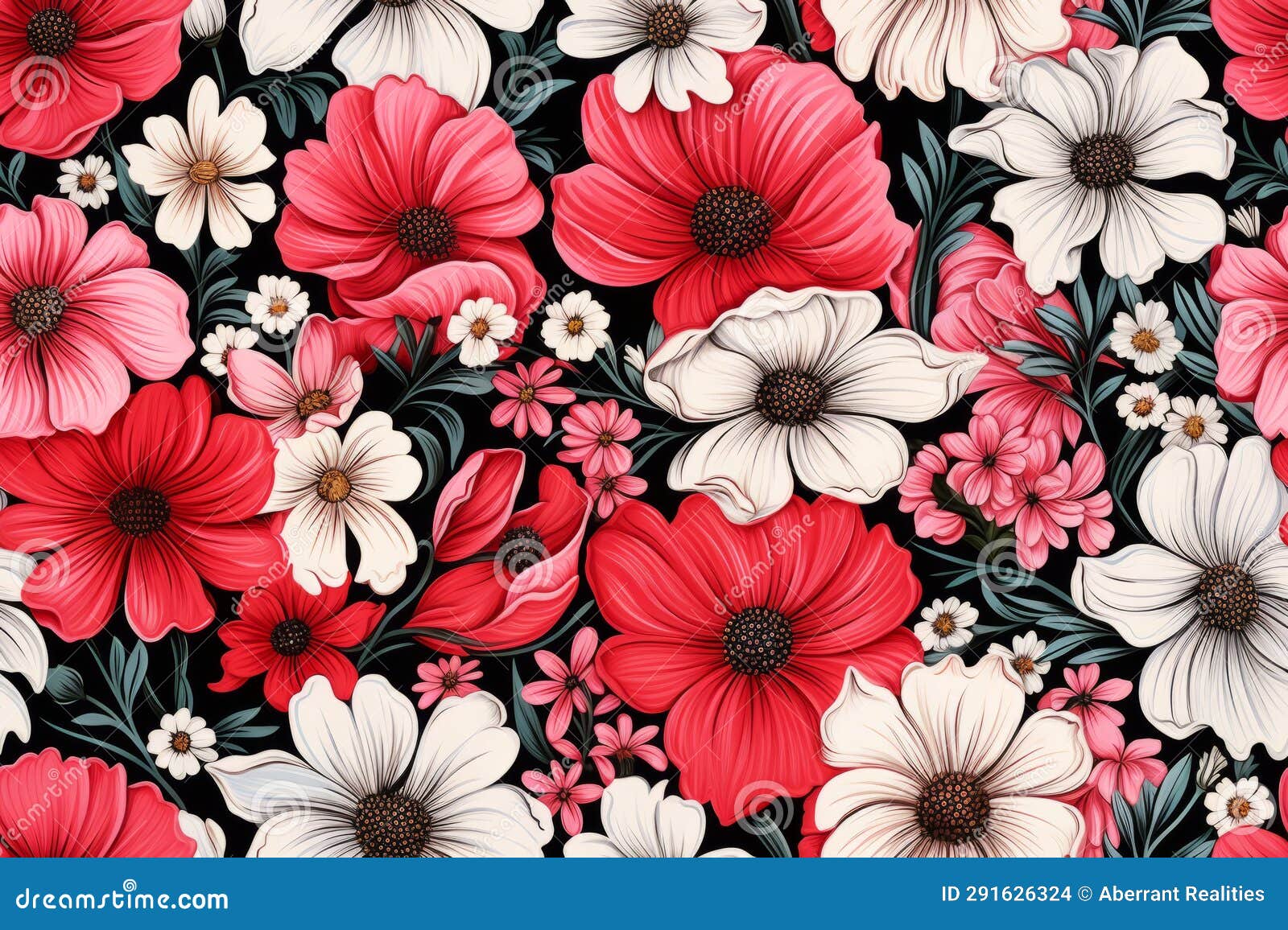 Red and White Flowers on a Black Background Stock Illustration Illustration of pattern, colors