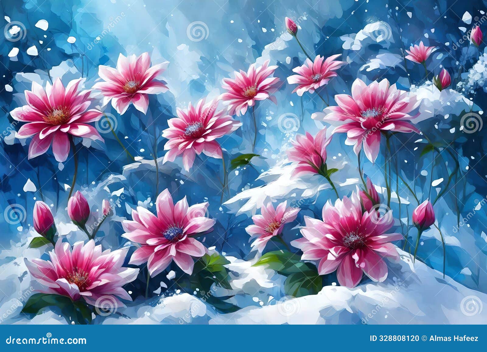 red and white flowers on snowy winter background.abstract snow scene with falling snowflakes and floral s