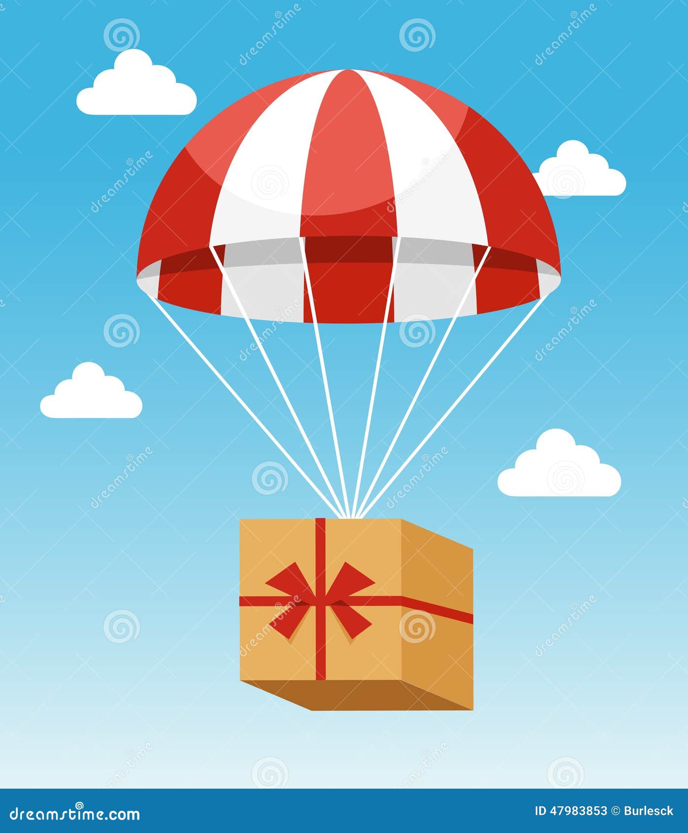 red and white parachute holding delivery box