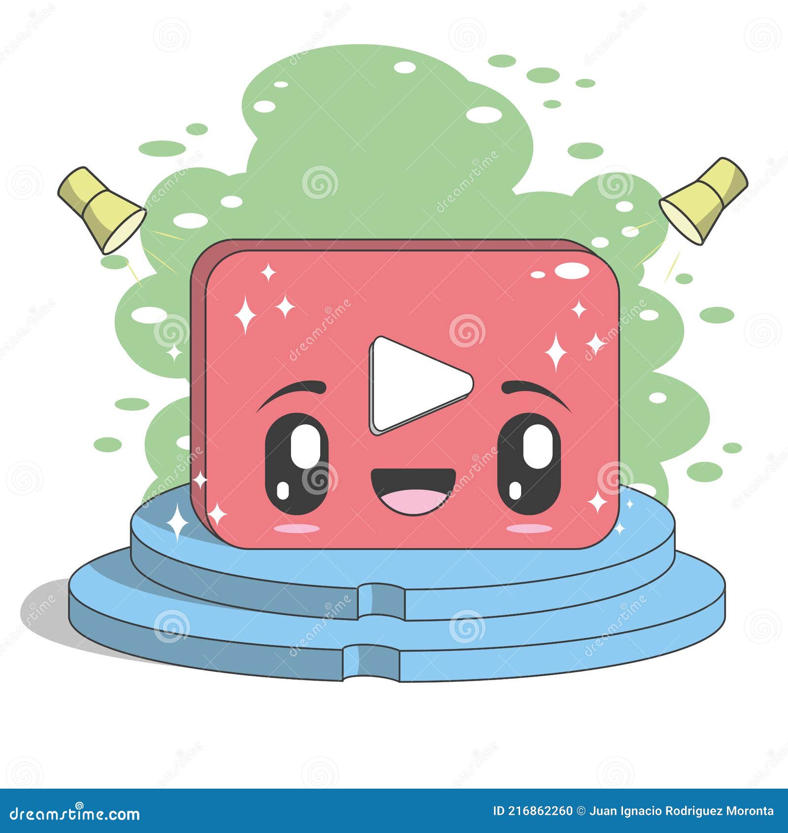 red and white play button icon, kawaii character