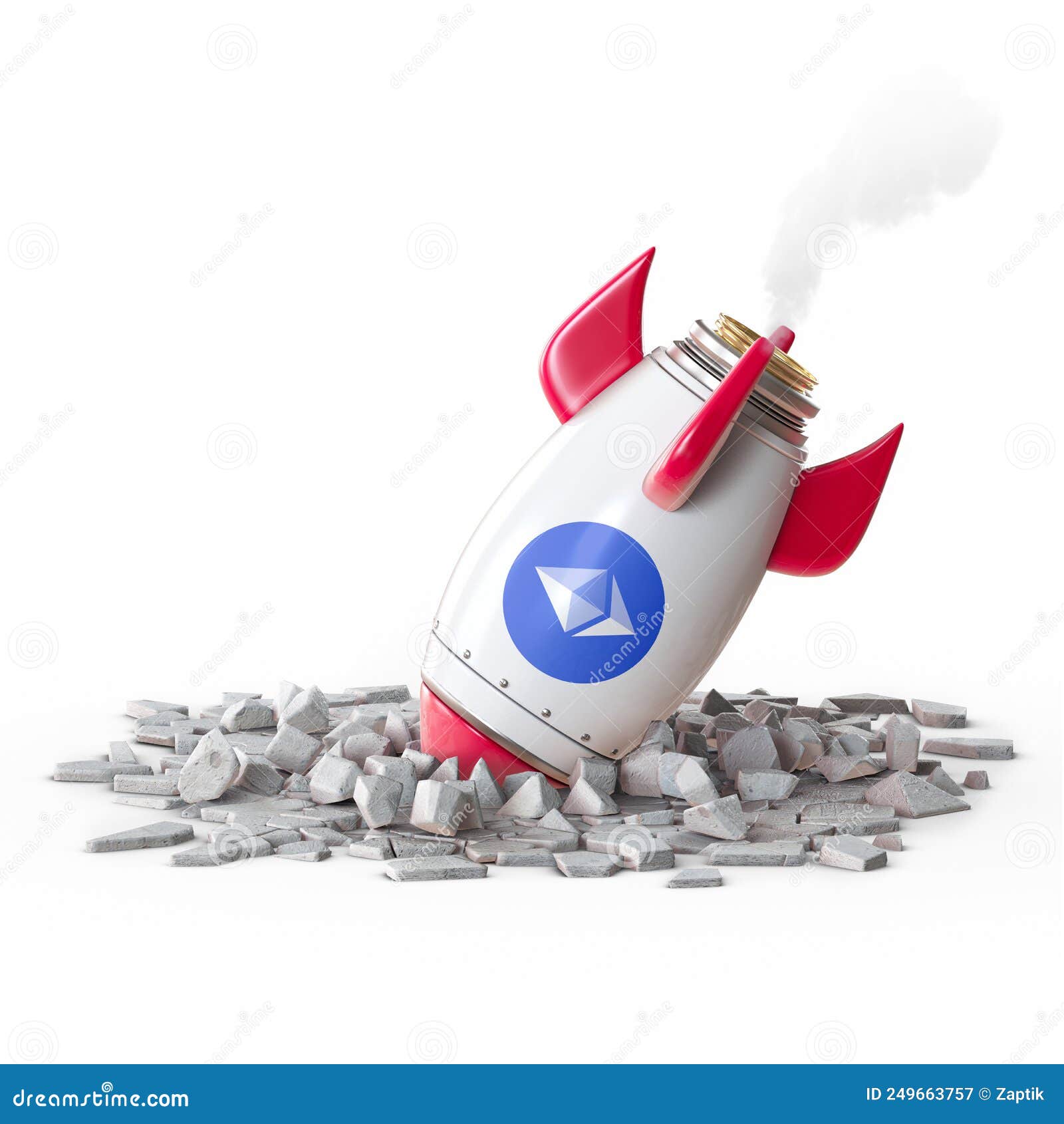 red and white rocket spaceship crashed on white background 3d rendering 