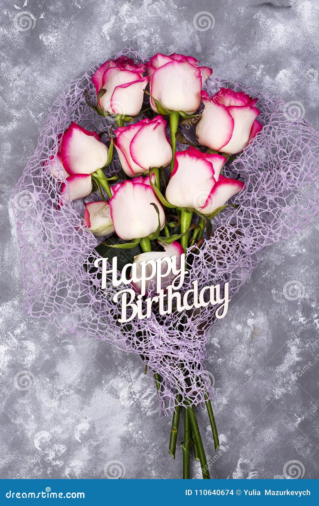 Red White Rose Flower Bouquet on Stone Table. Stock Photo - Image ...