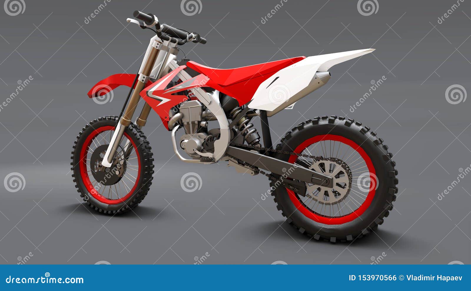 red and white sport bike for cross-country on a gray background. racing sportbike. modern supercross motocross dirt bike. 3d