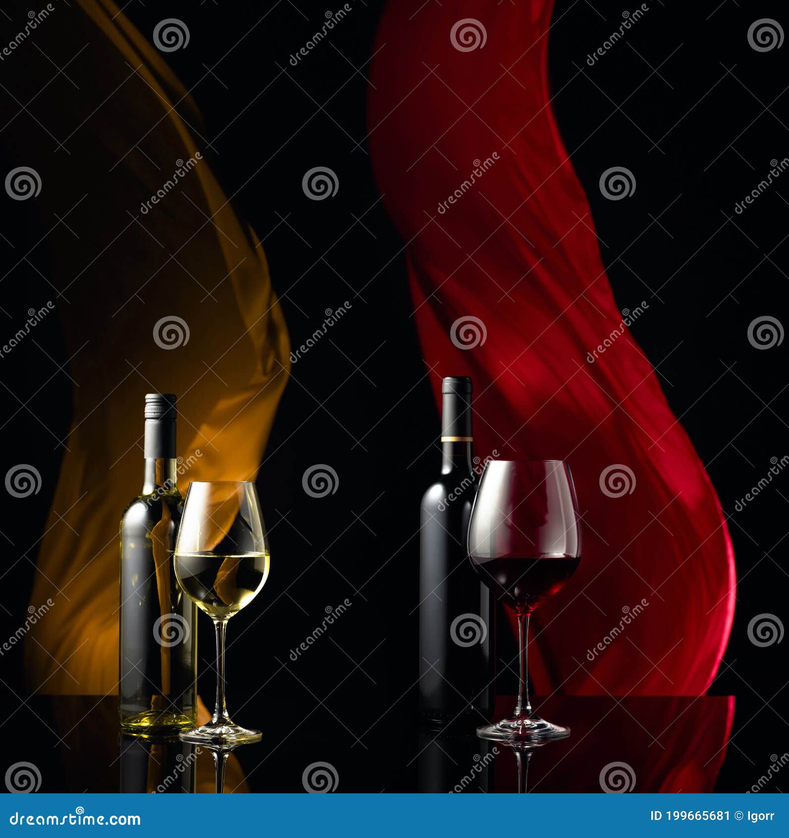 Red and White Wine on a Black Reflective Background Stock Image Image