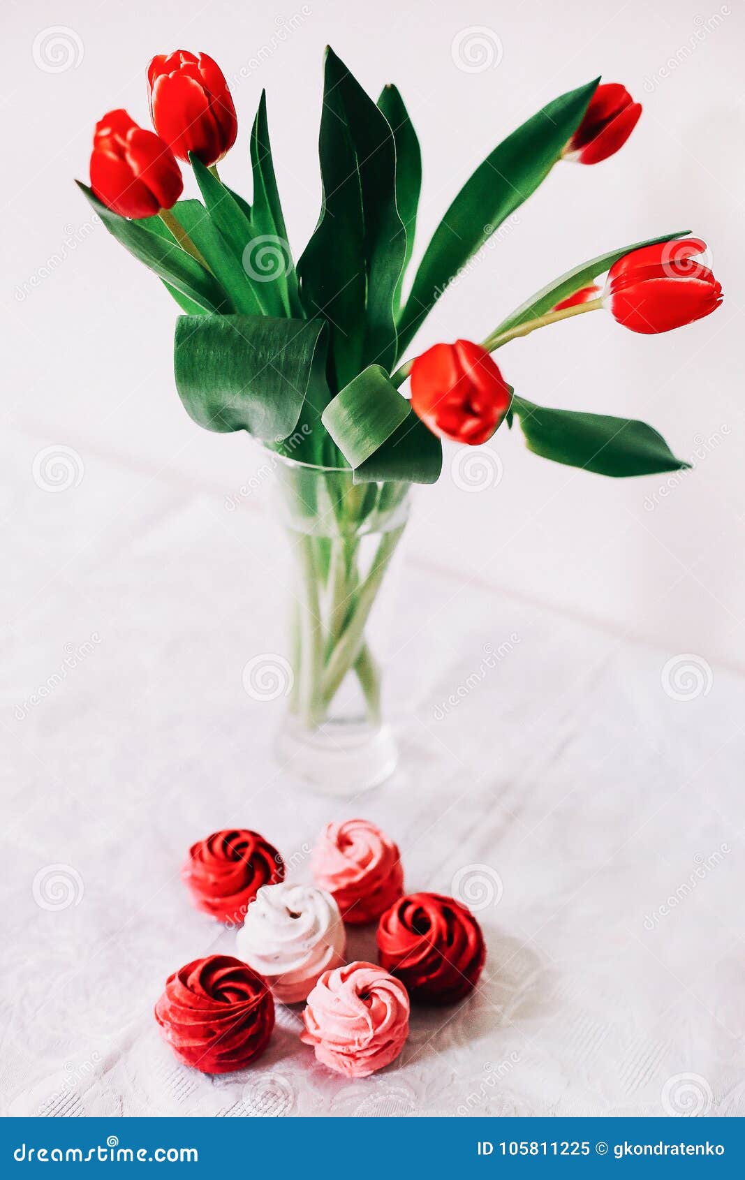 Red And White Zephyr With Red Tulips On White Background. Stock Image ...