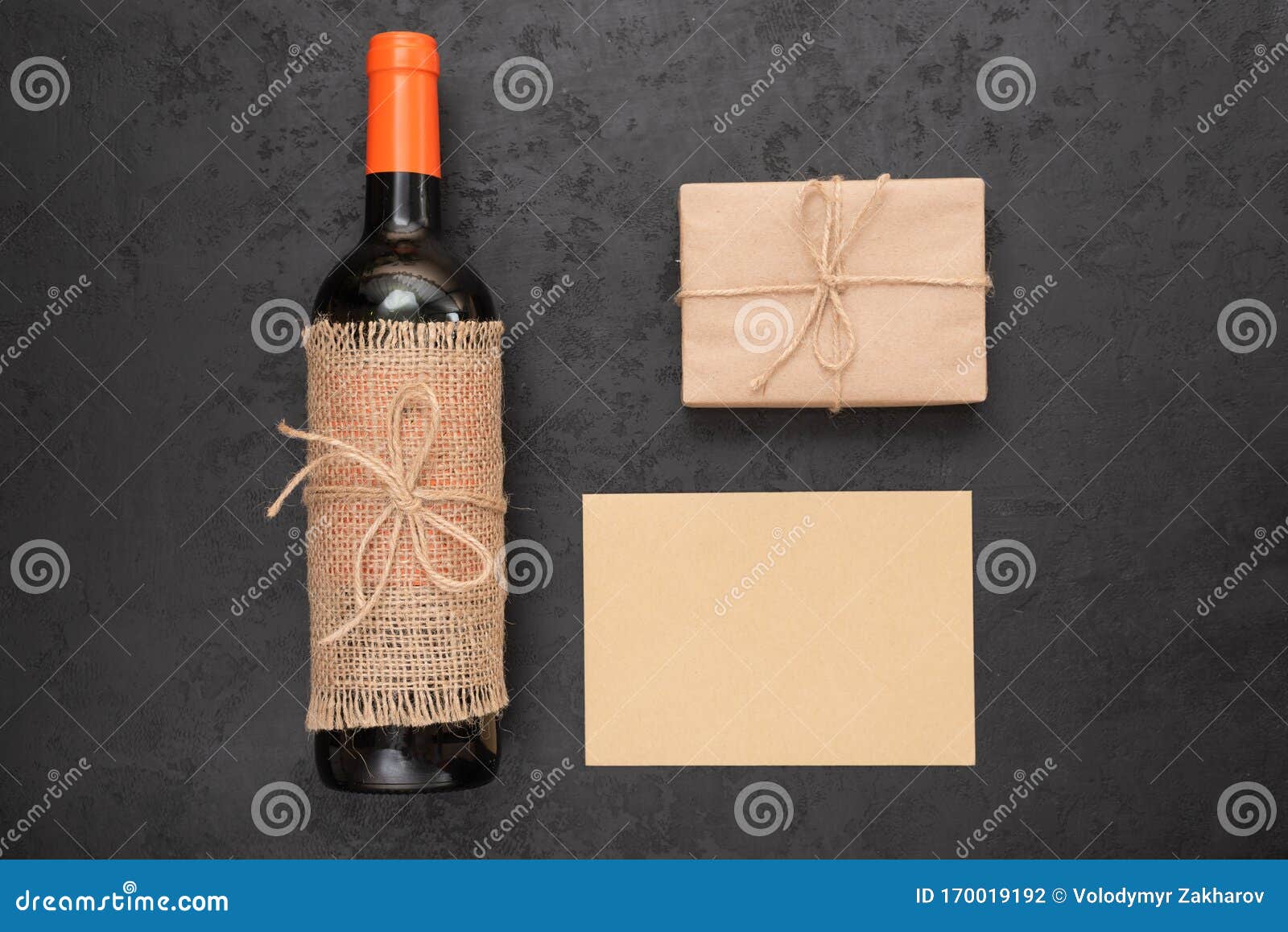 Red Wine Bottle, Gift Box Wrapped In Kraft Paper, Blank