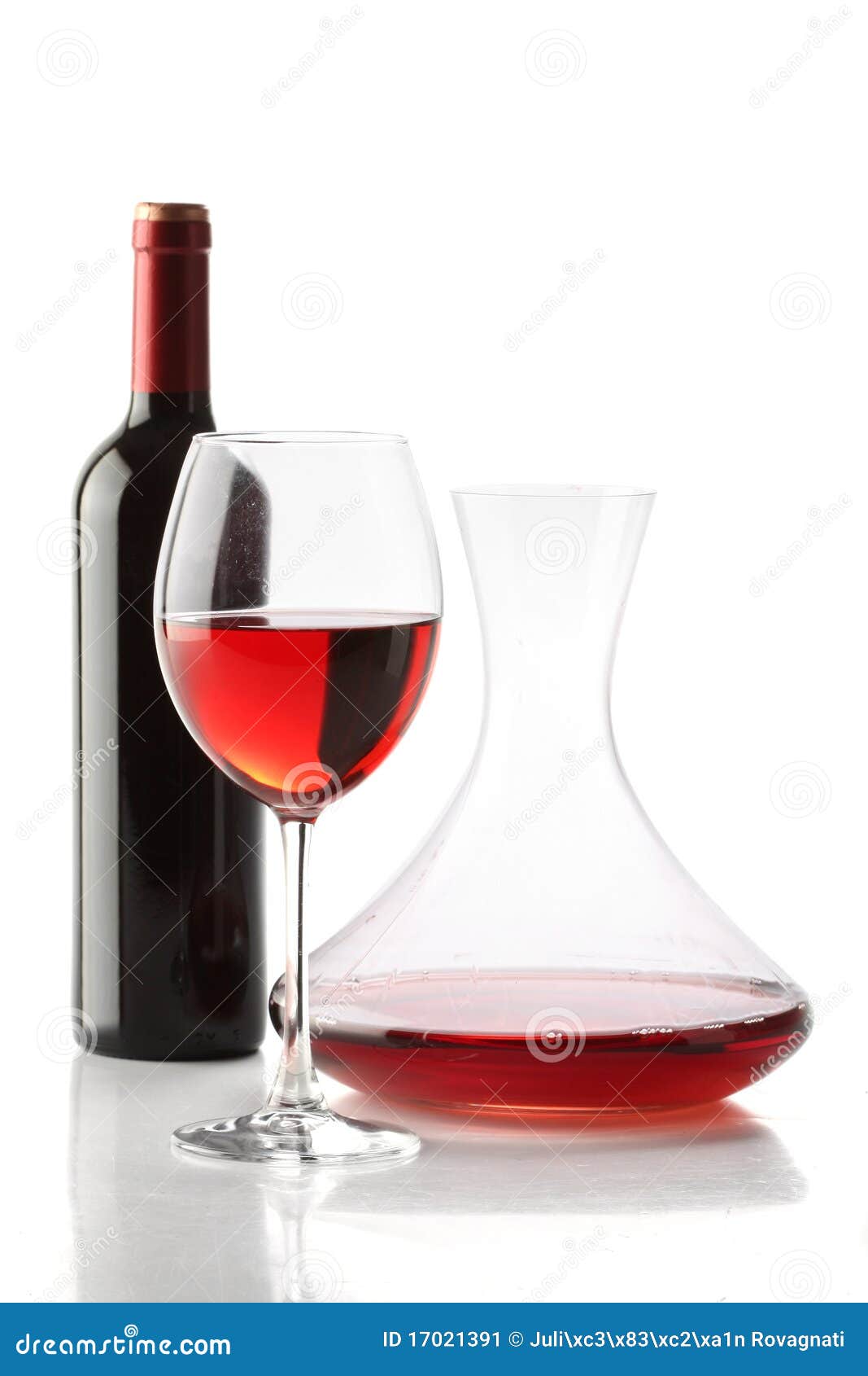 red wine. a bottle, a glass and a decanter