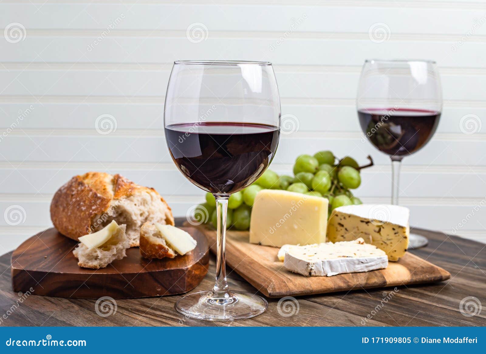 Red Wine, Cheese, Grapes and Bread on Wood Platter Stock Image Image