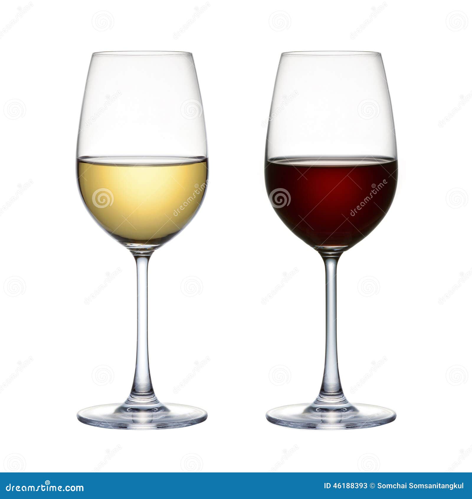 red wine glass and white wine glass  on a white background