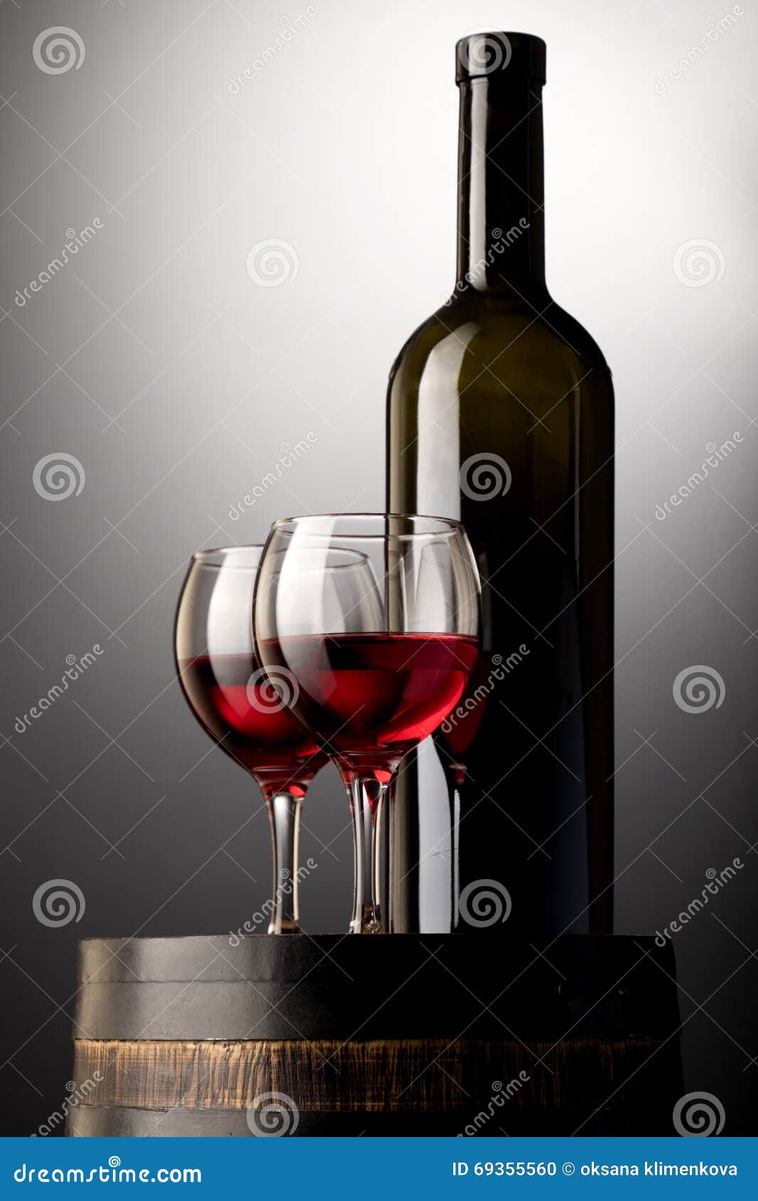 Red Wine Glasses and Bottle on Wooden Barrel Stock Photo Image of