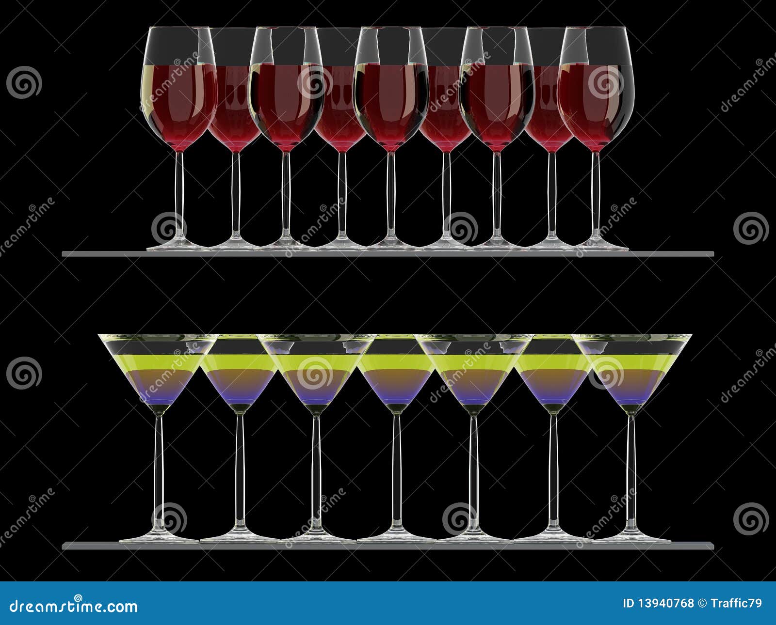 Red Wine and Martini Glasses on the Shelf Isolated Stock Illustration