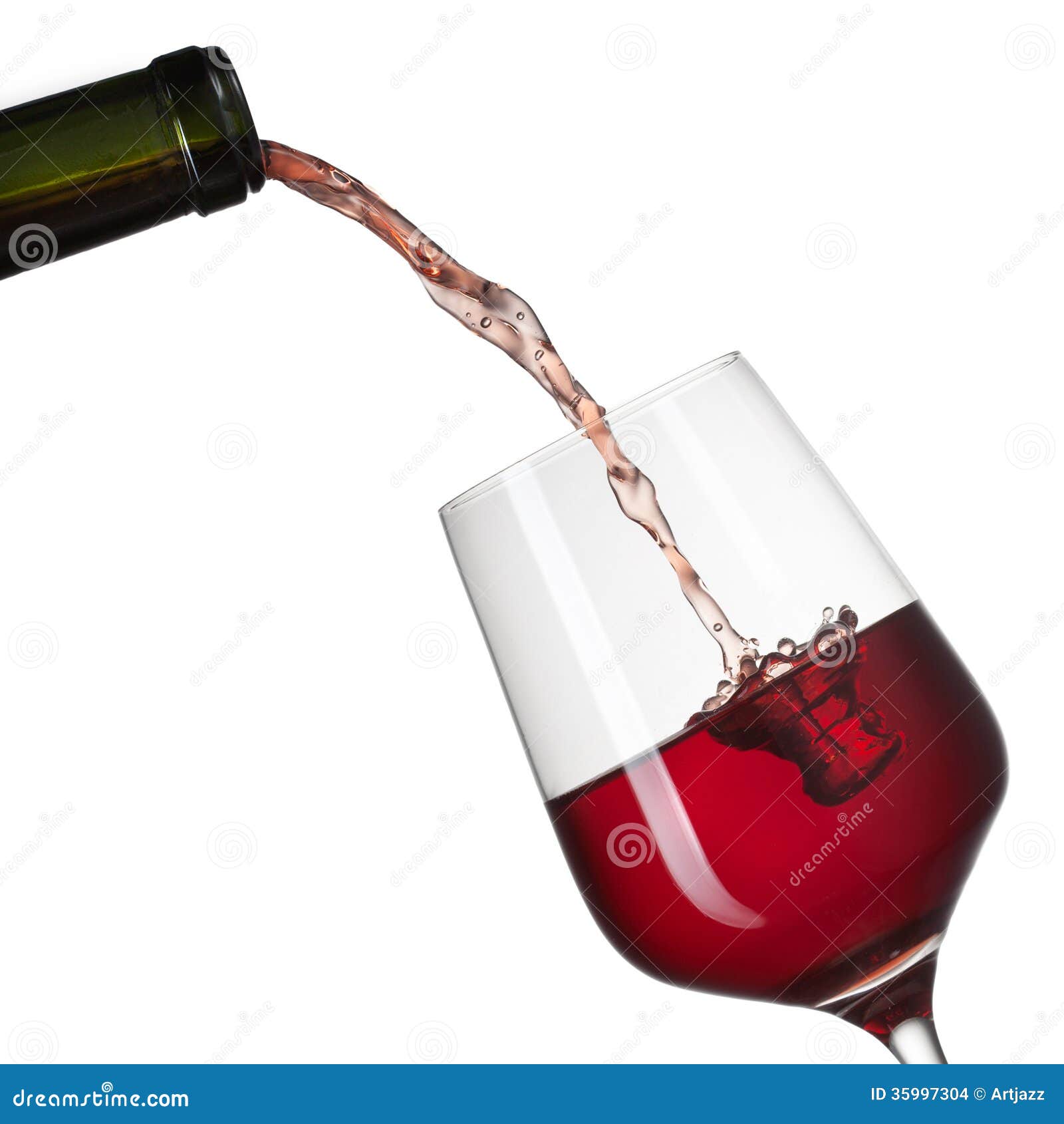 Red Wine Pouring into Glass with Splash Isolated on White Stock Photo