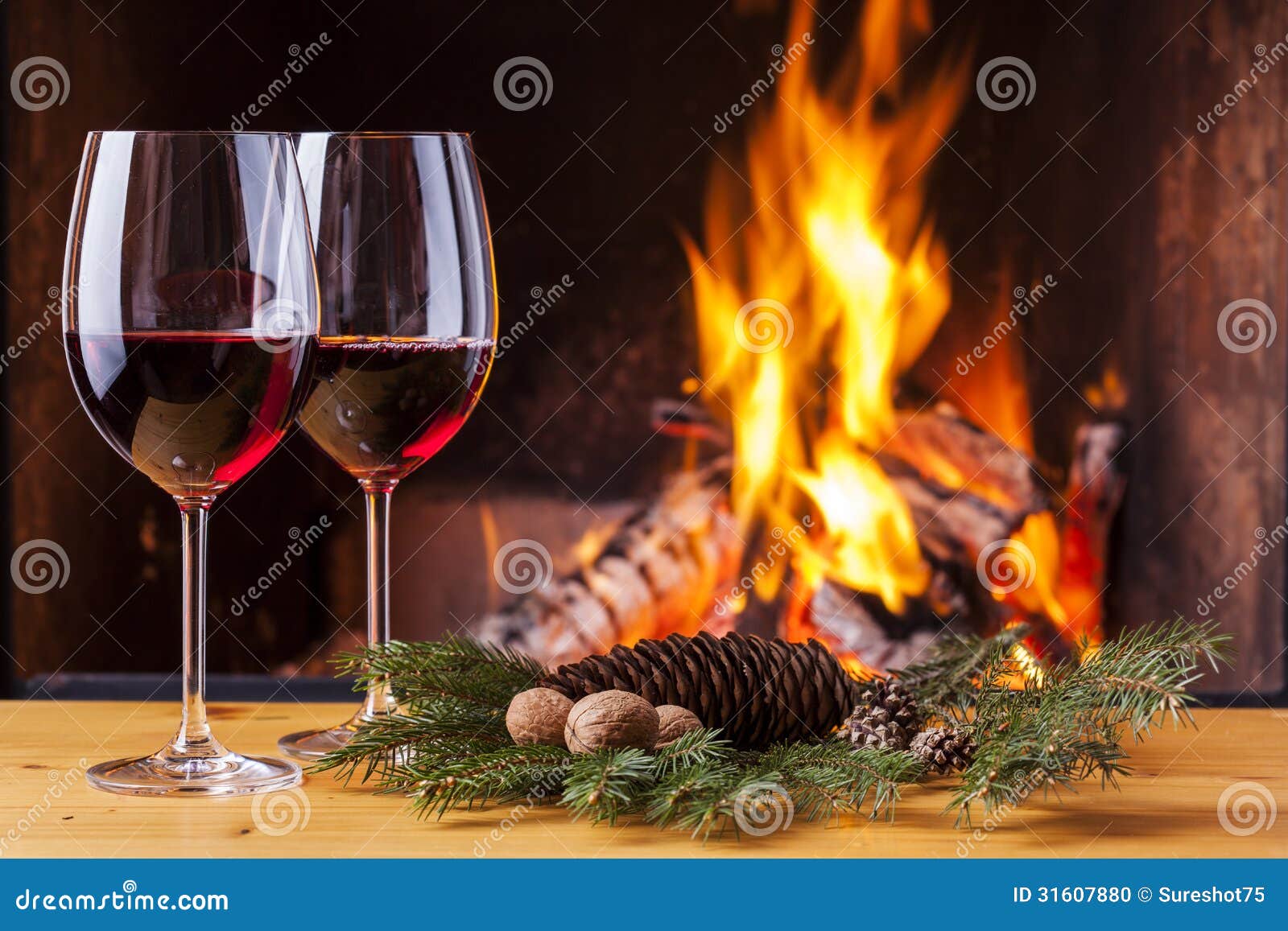 Red Wine for Two at Fireplace Stock Photo Image of warm, christmas