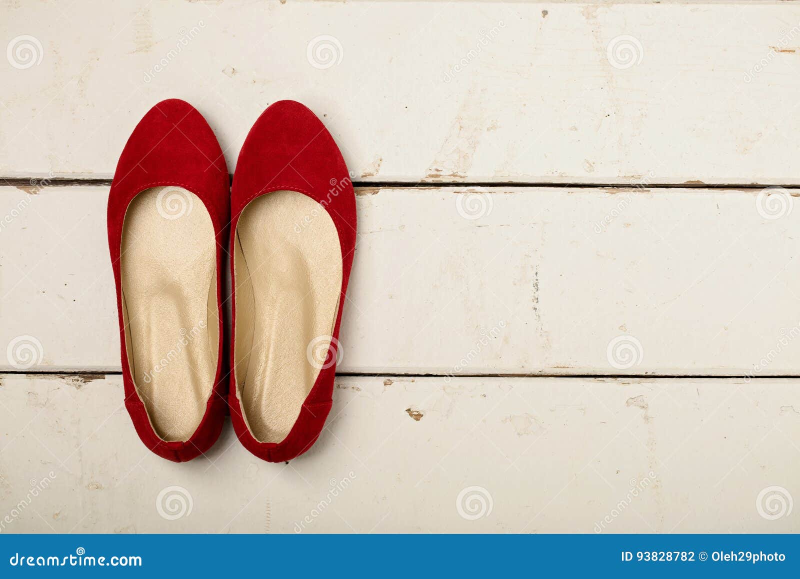 Red Women`s Shoes Ballerinas on Wooden Background. Stock Photo - Image ...