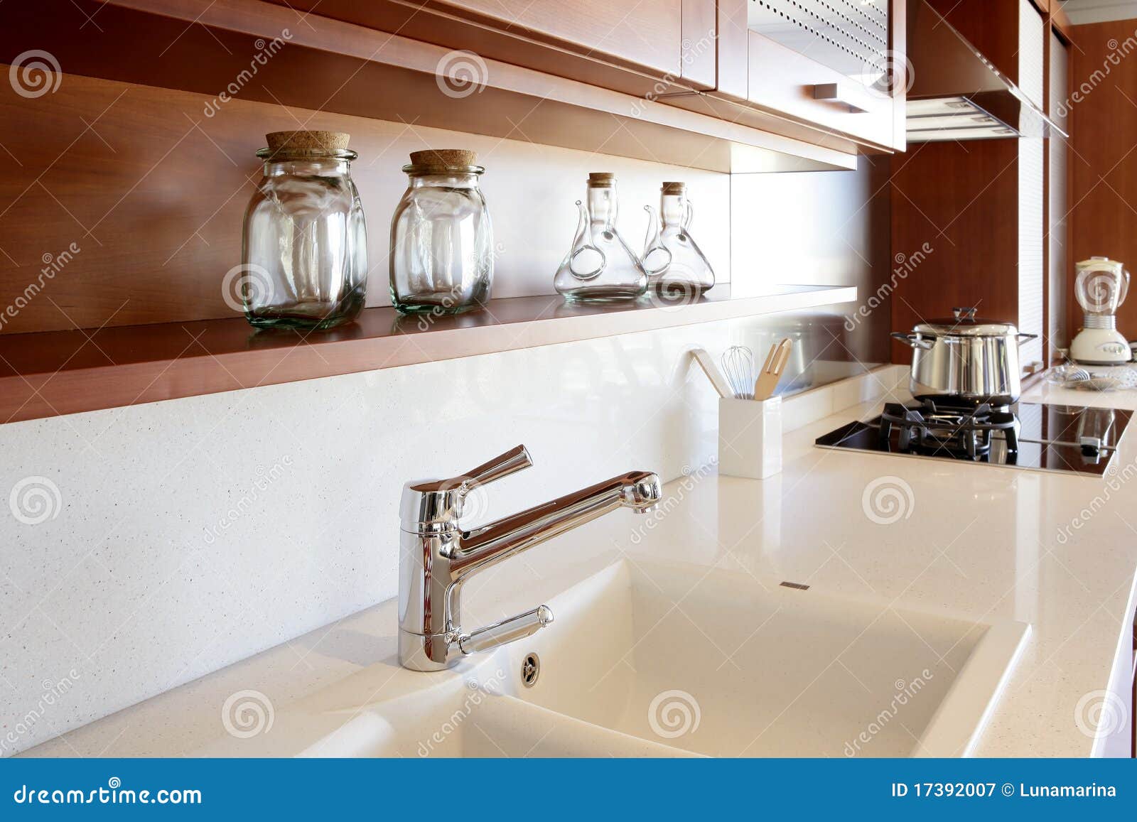 Red Wood Kitchen White Kitchen Bench Stock Image Image of chrome