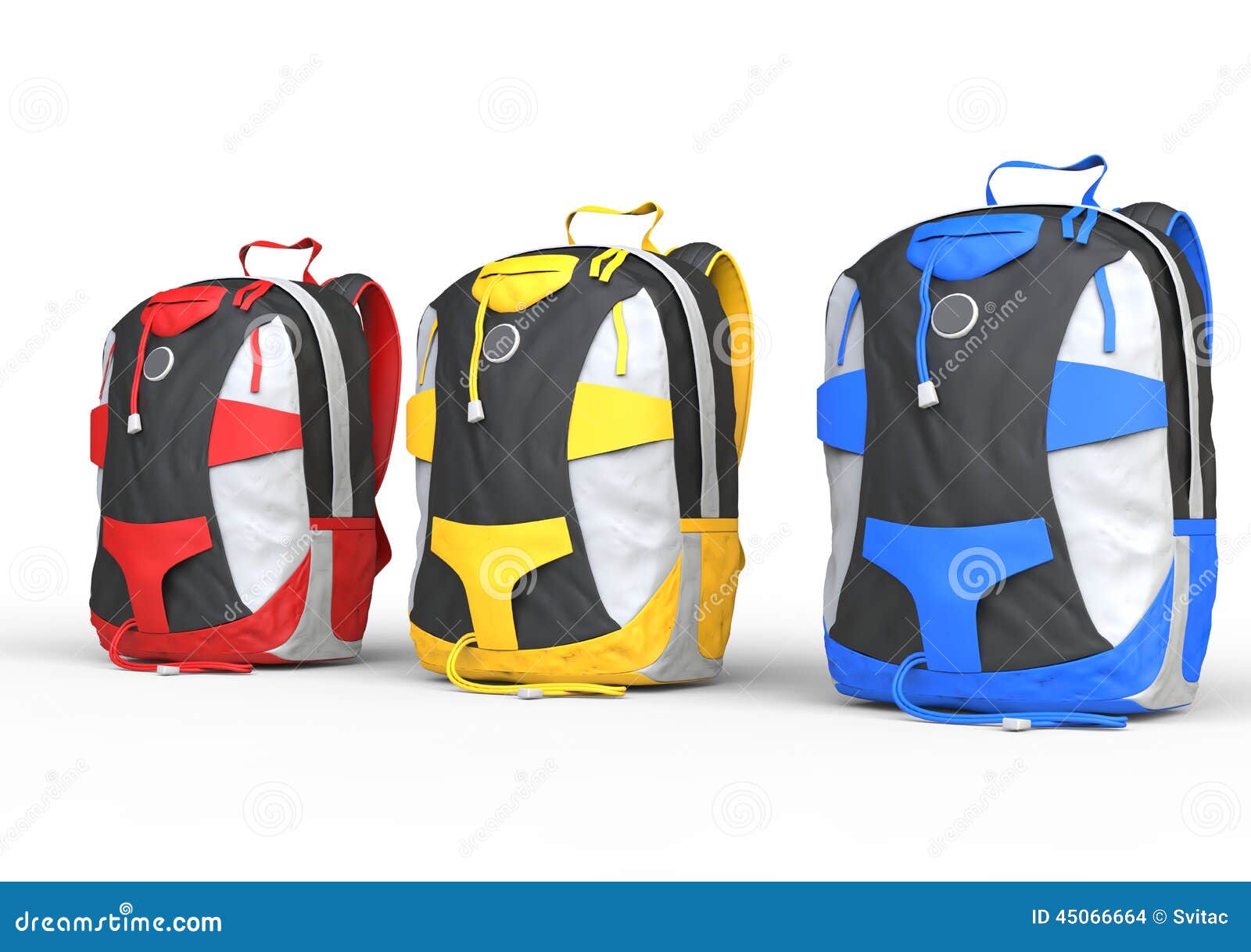 Red, Yellow and Blue Backpacks on White Background Stock Photo Image