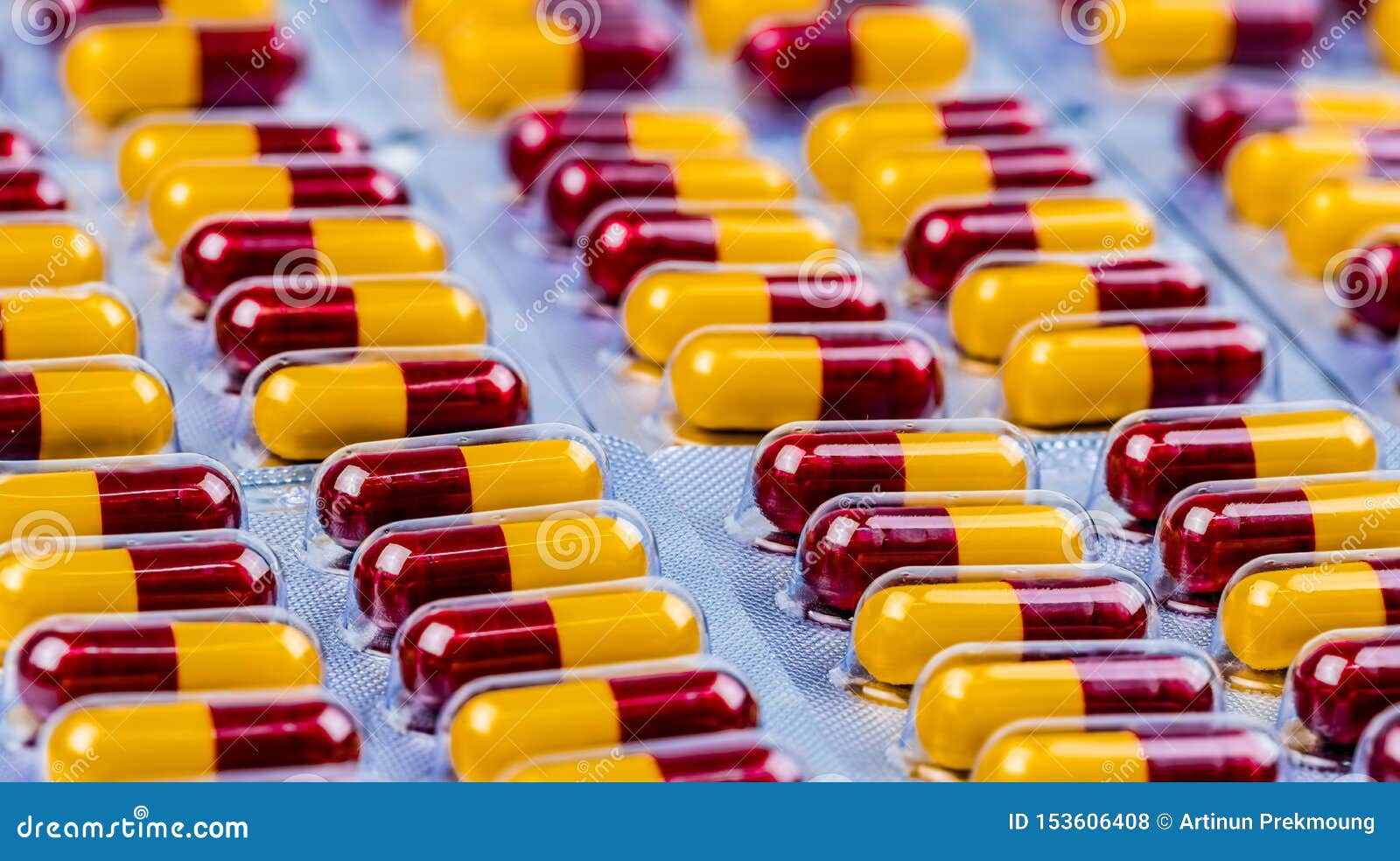 Red-yellow Capsule Pills in Blister Pack. Antibiotic Capsule Pills