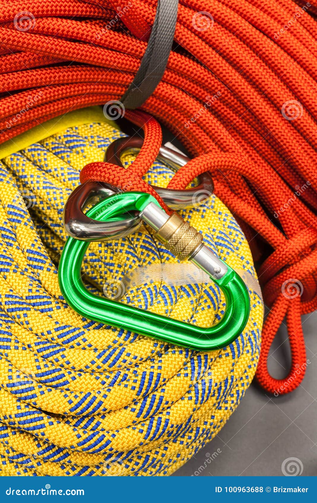 red and yellow dynamic ropes and attached carabiner.