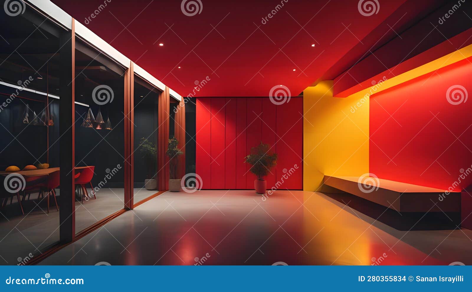 Red and Yellow Interior of a Modern Restaurant. Generative Ai Stock