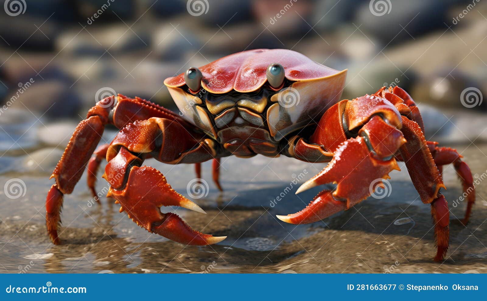 Red Yellow Live Crab on Seashore Photography. Close Up Crab Claws
