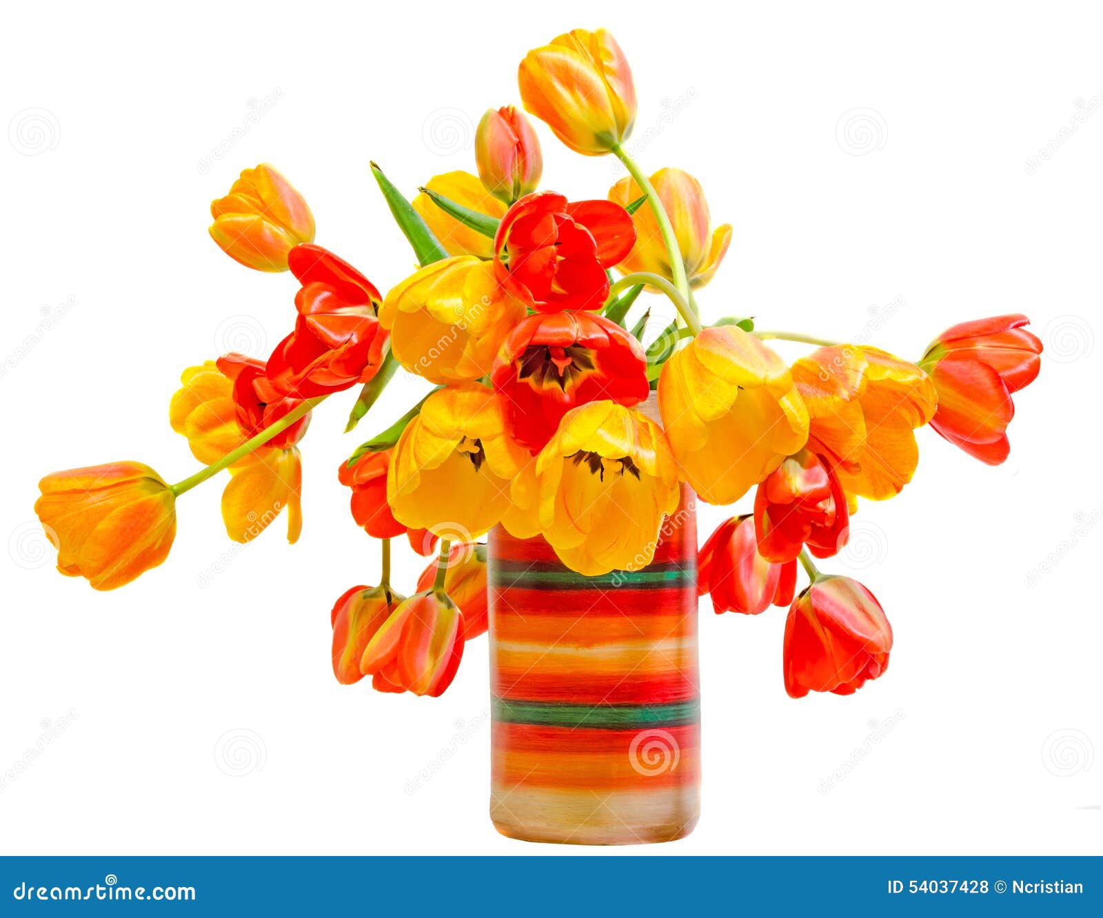 Red, Yellow And Orange Tulips Flowers In Colored Rustic Vase, Floral ...
