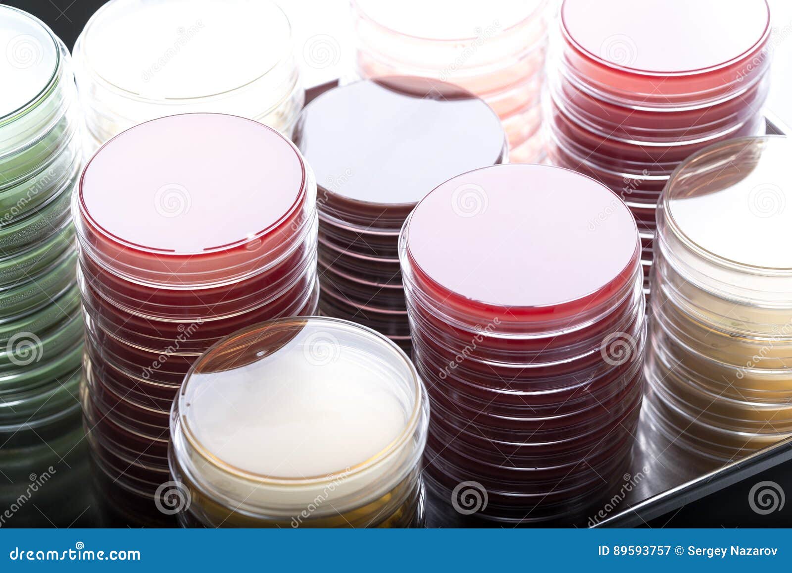 red and yellow petri dishes stacks in microbiology lab on the bacteriology laboratory background.