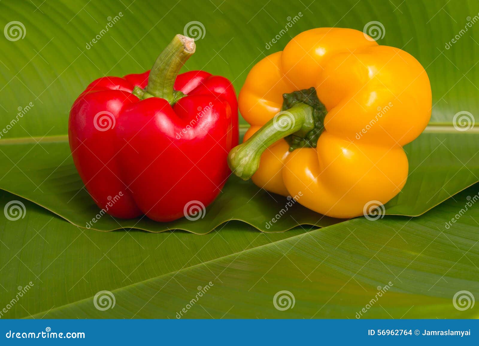 Closeup Red and yellow sweet peppers on leaves background