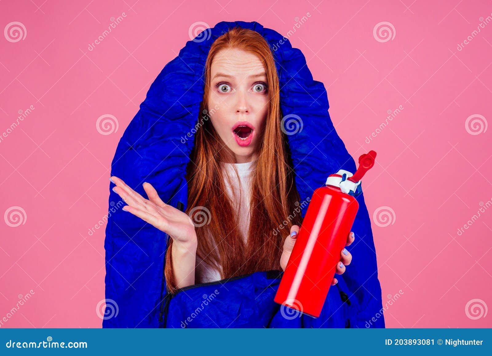 Redhair Ginger Woman Holding Red Thermos and Wrapped in in Sleeping Bag ...