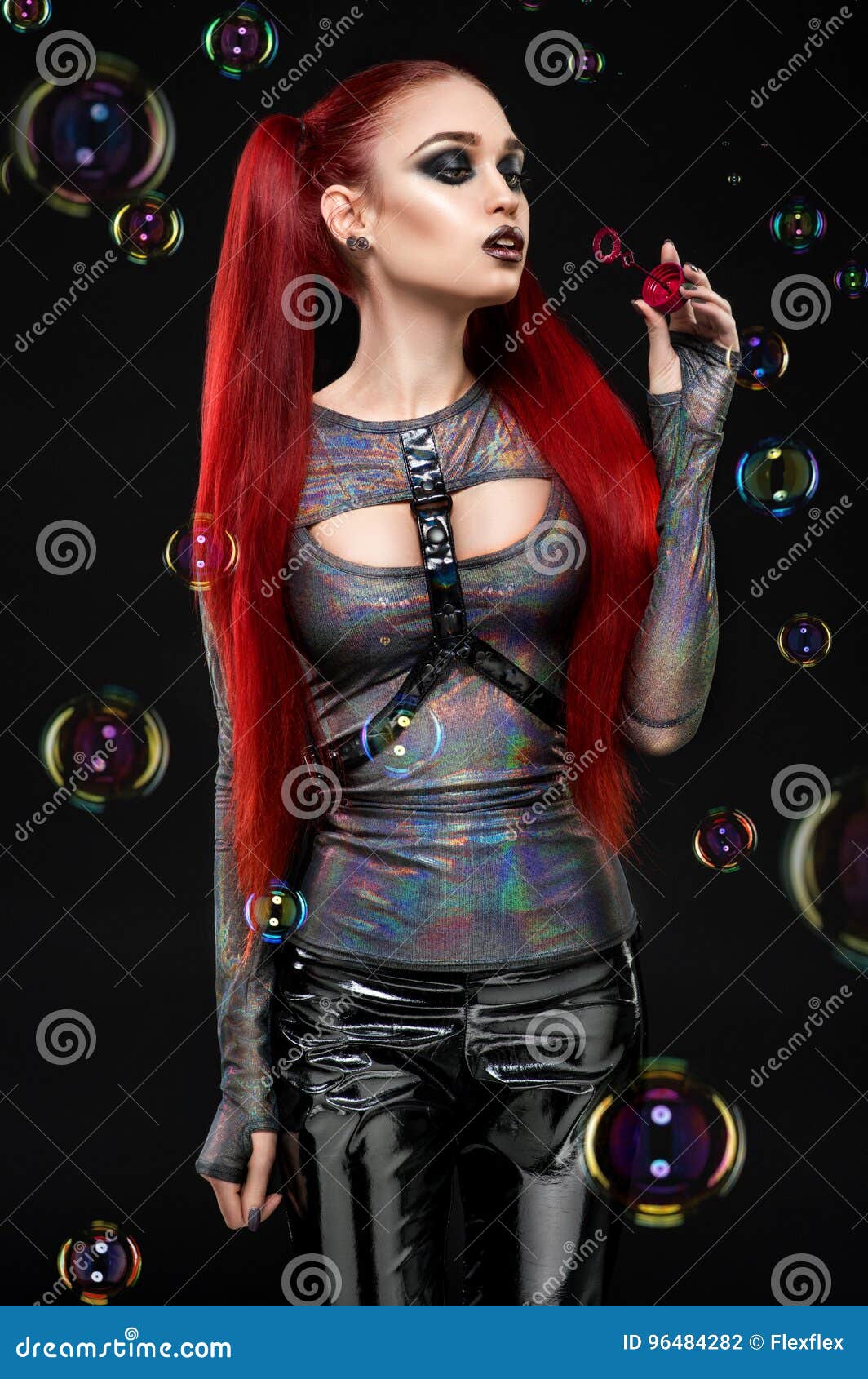 redhair model blowing air bubbles