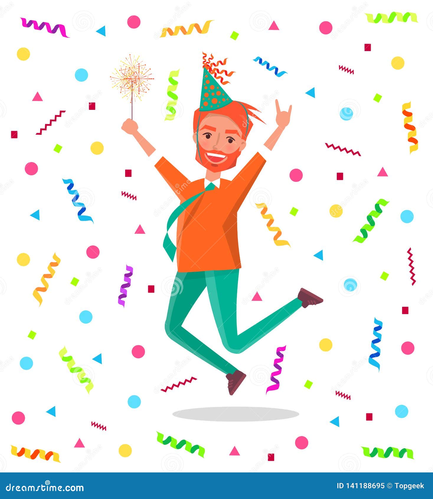 Redhead Bearded Man Merrily Jump on Birthday Party Stock Vector