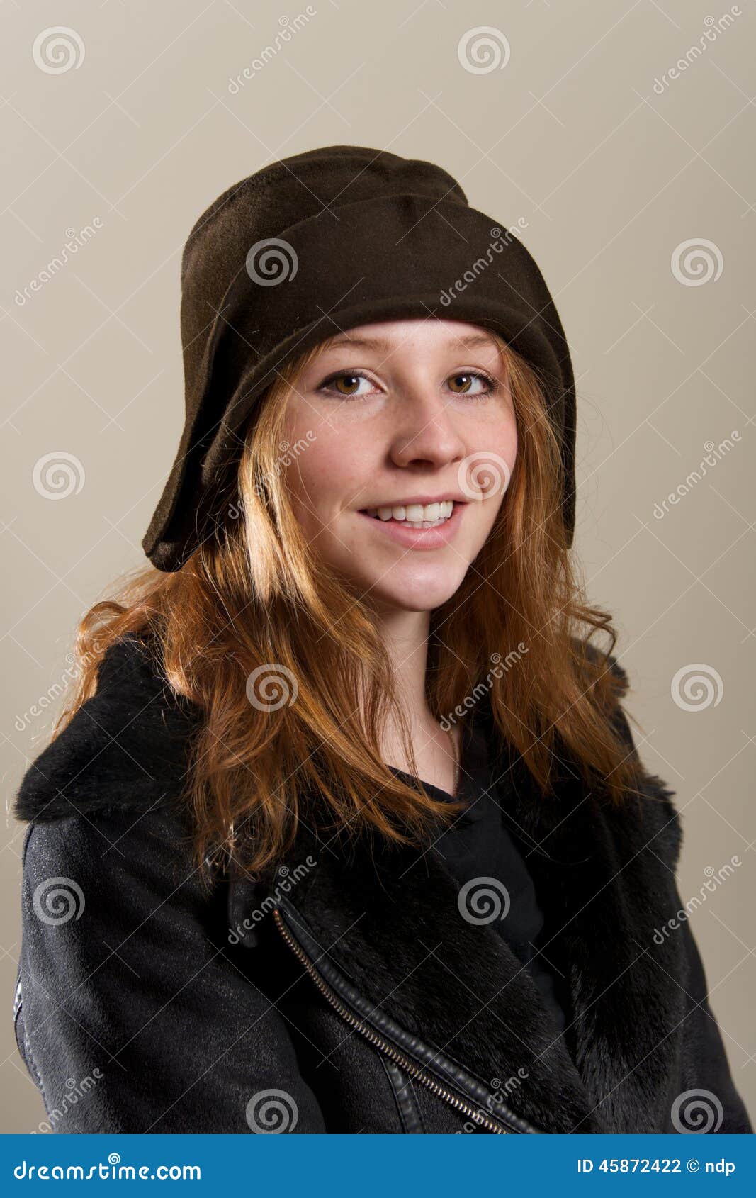 Redhead in Cloche Hat and Leather Jacket Stock Photo Image of brown