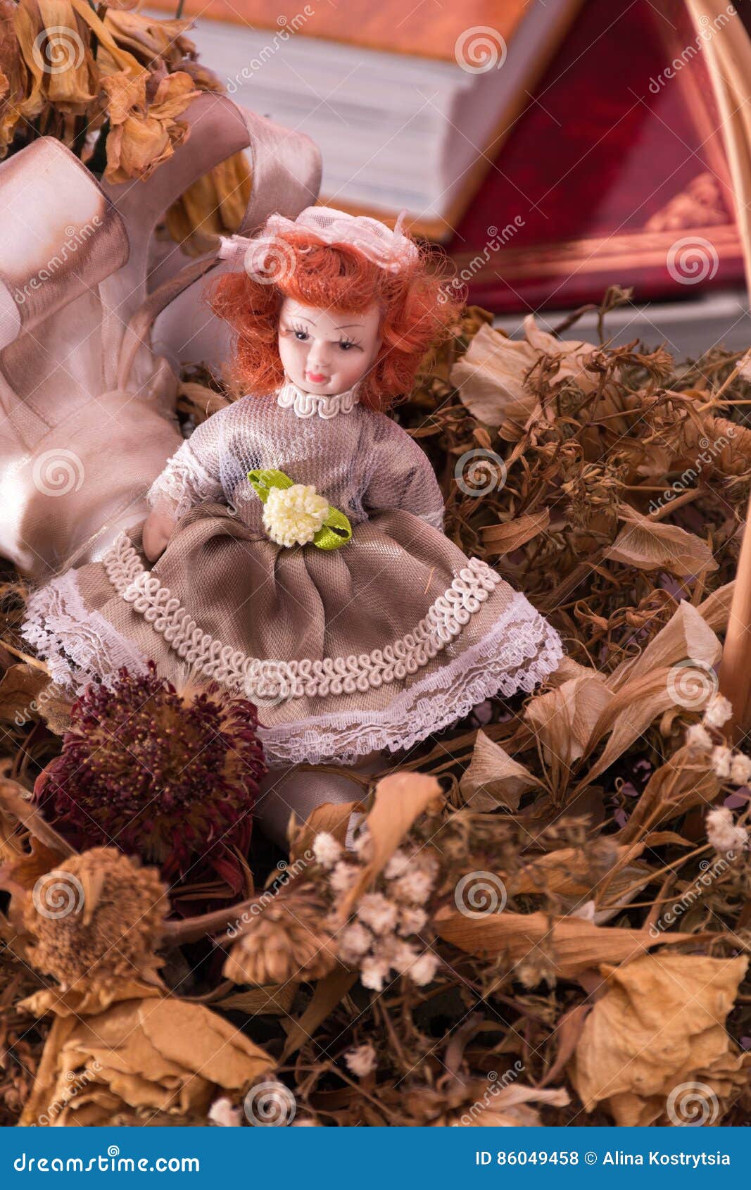 Redhead Doll in Dry Flowers Stock Photo - Image of background, child
