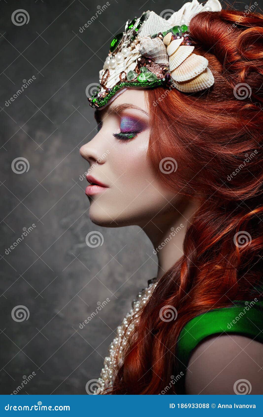 Redhead Girl Fabulous Look, Green Long Dress, Bright Makeup and Big  Eyelashes. Mysterious Fairy Woman with Red Hair Stock Photo - Image of  care, lipstick: 186933088