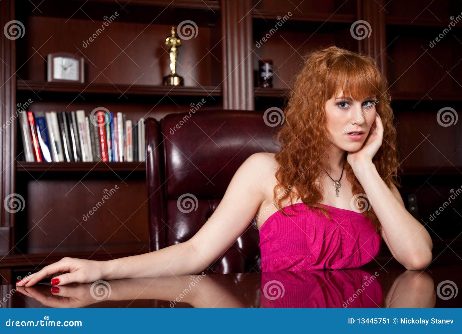 Redhead Girl in the Office stock image. Image of dress 13445751