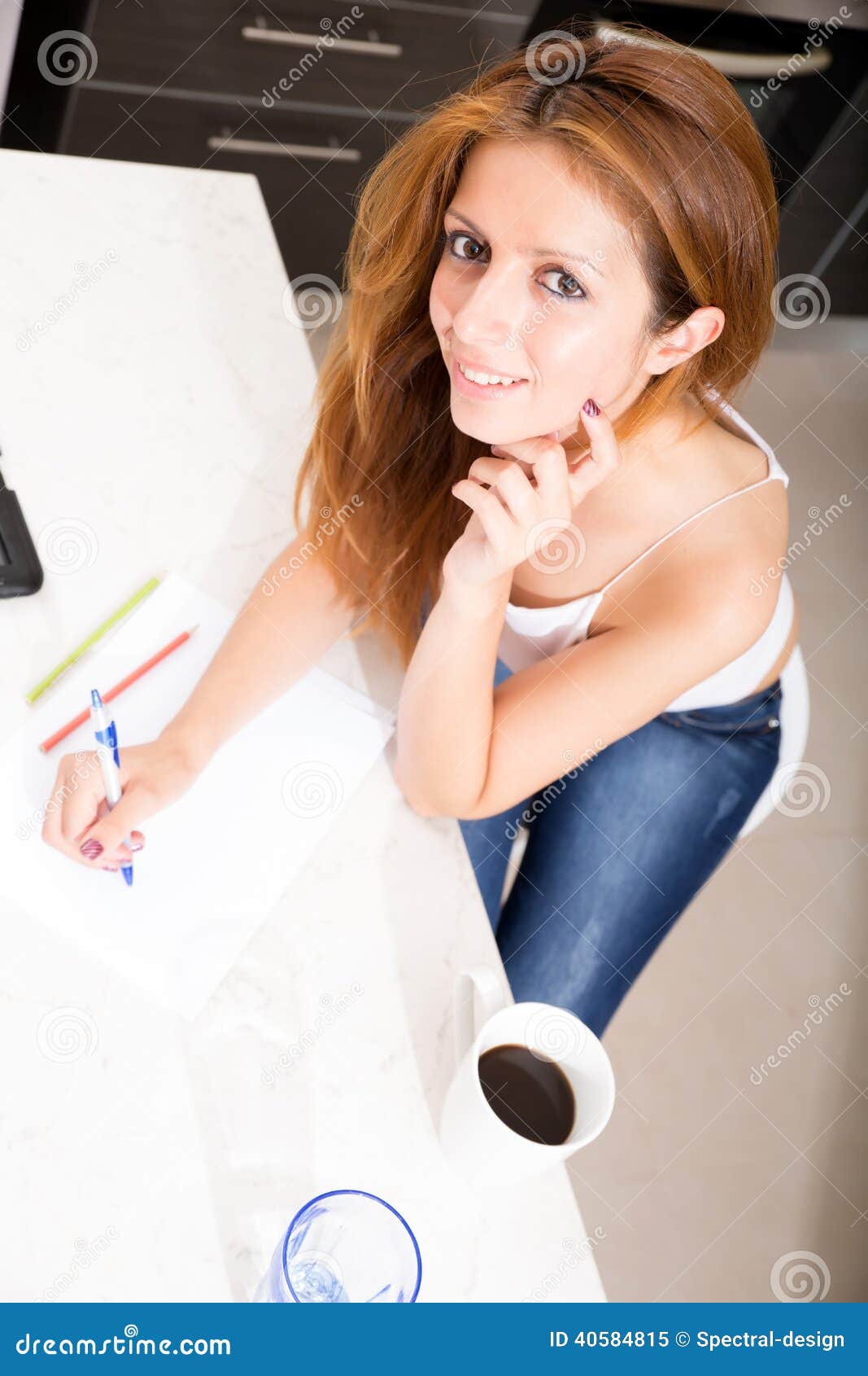 Redhead Girl Writing in Kitchen Stock Image Image of smiling, paper