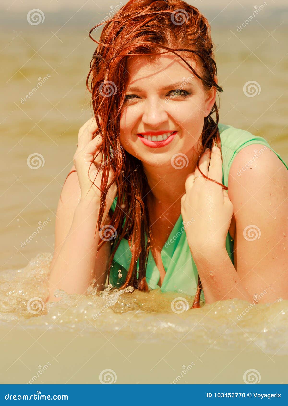 Redhead Woman Posing In Water During Summertime Stock Photo Image Of