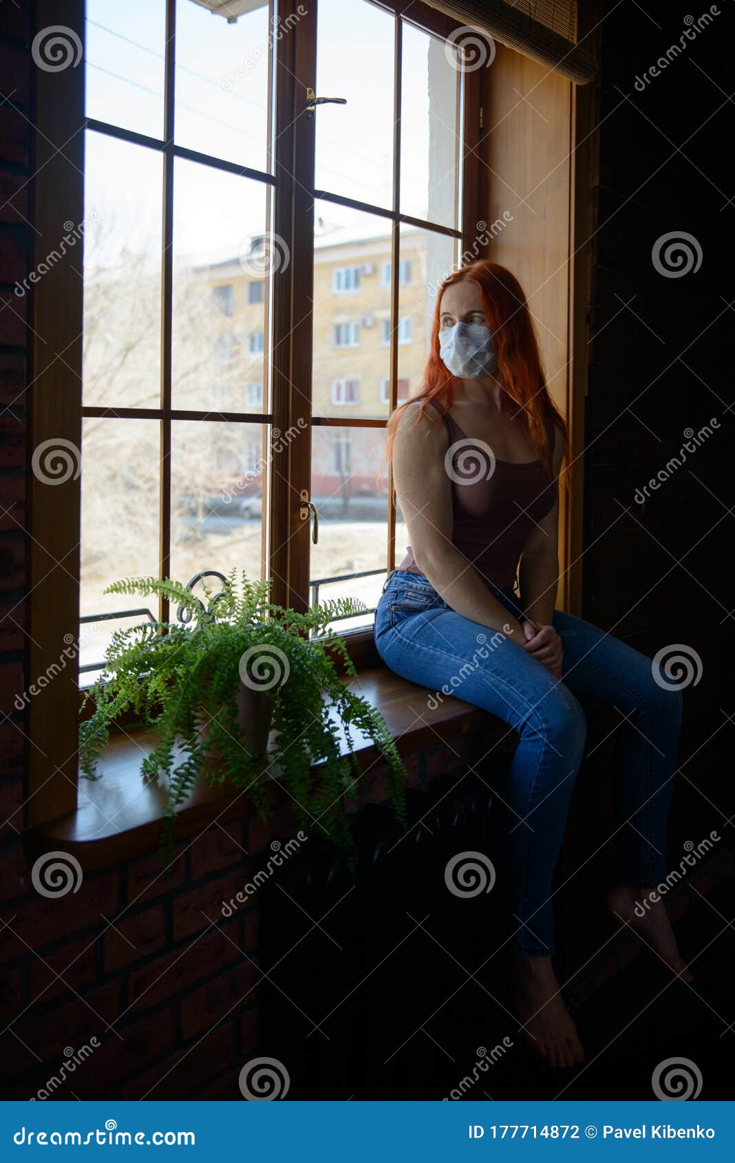 Redhead Woman at Quarantine Stock Photo Image of window, biohazard