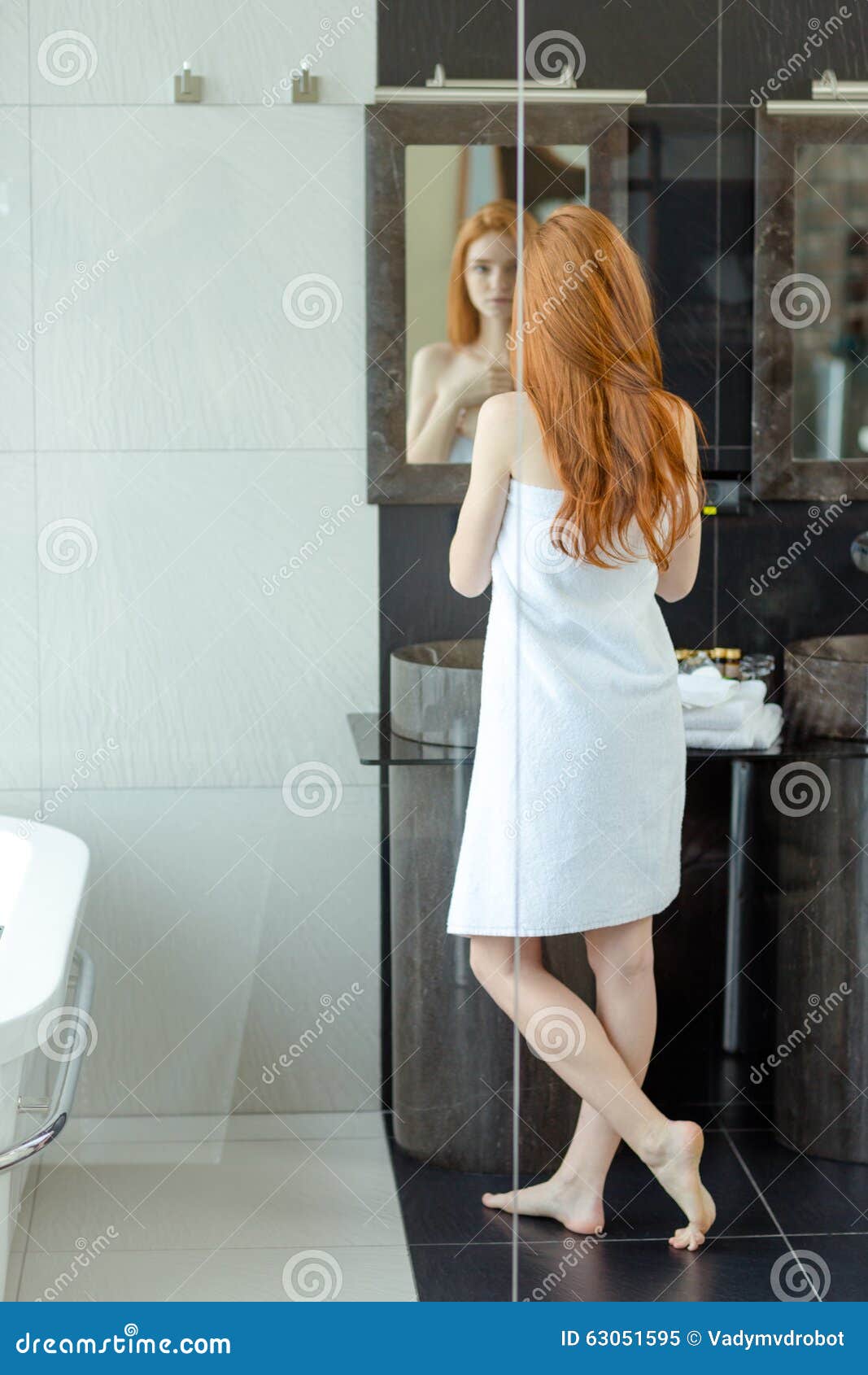 Redhead Woman Standing In Bathroom Stock Image Image Of Person Caucasian 63051595 