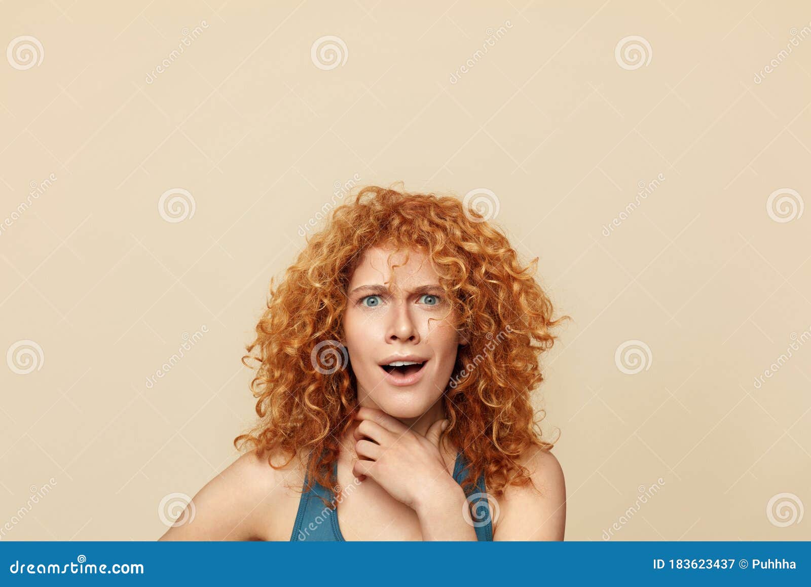 Redhead Woman Surprised Girl Close Up Portrait Blue Eyed Female With Curly Red Hair Touching