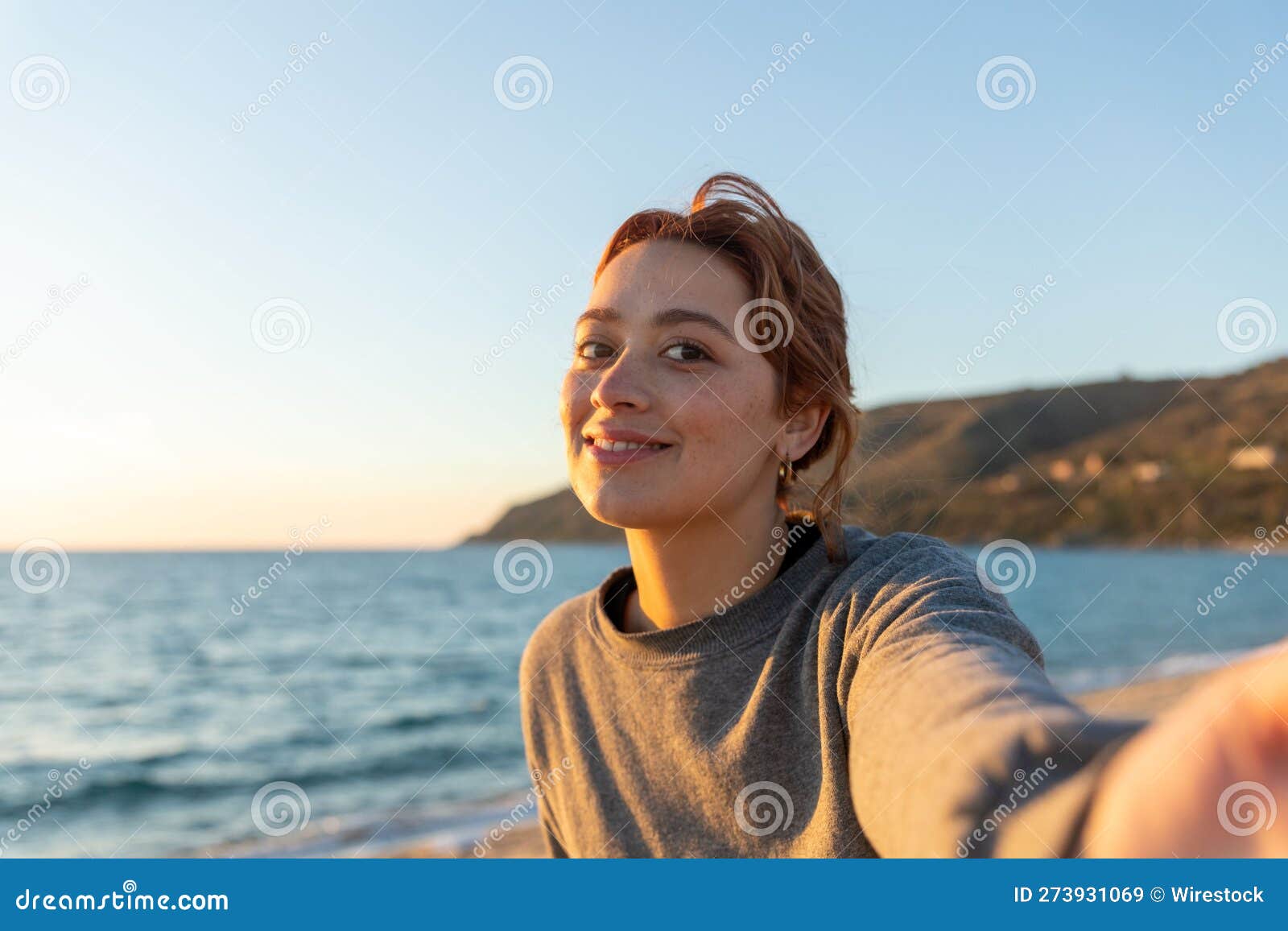 Redhead Woman Taking A Selfie On The Beach Stock Image Image Of Cheerful Attractive 273931069